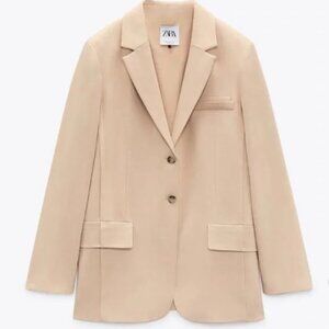Zara Women's Large Straight Cut Blazer Tan Oversized Style Asymmetrical